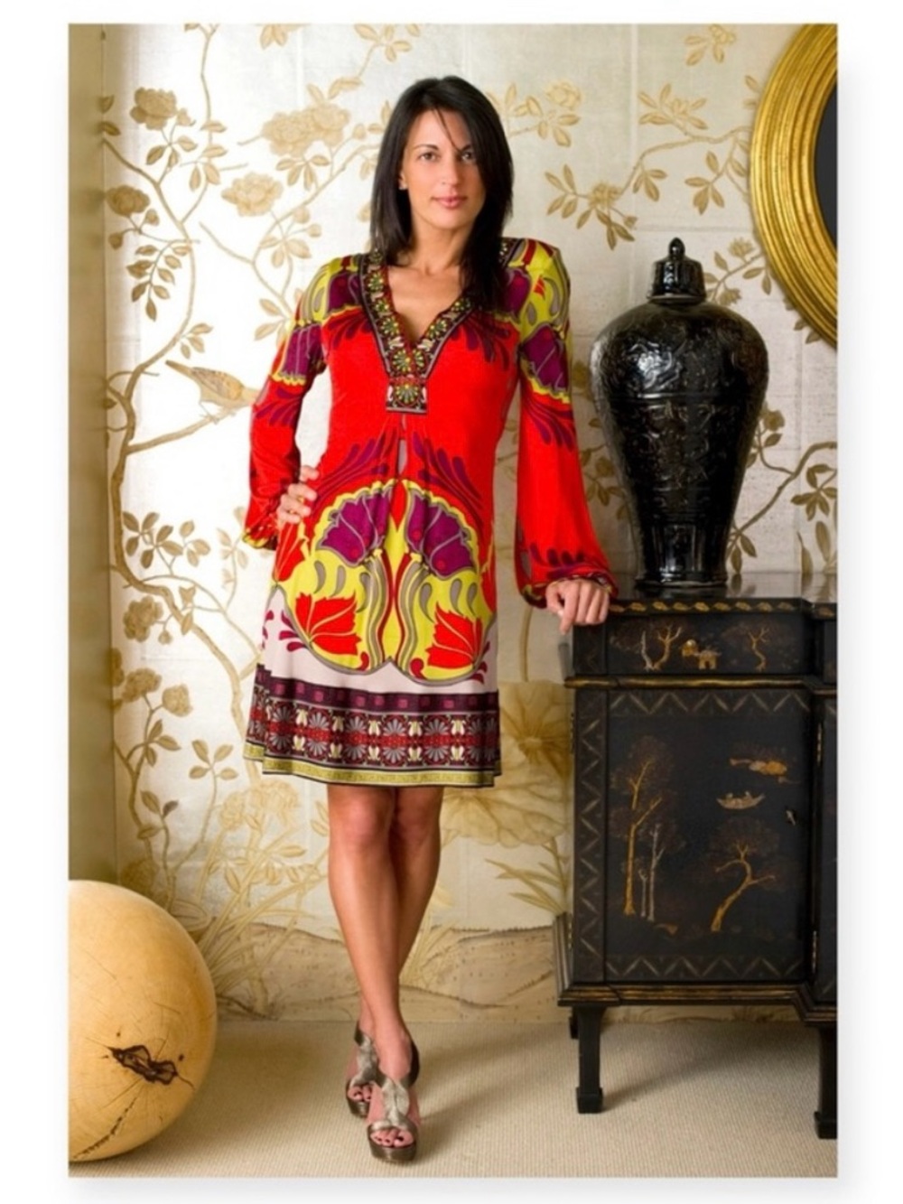 Hale Bob ✽ Lotus Nouveau Silk Mini Dress with Multi Stone Detail ✽ Red Print ✽ M